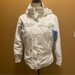 Women’s Columbia white/ blue / gray hooded parka fleece lined jacket sz S